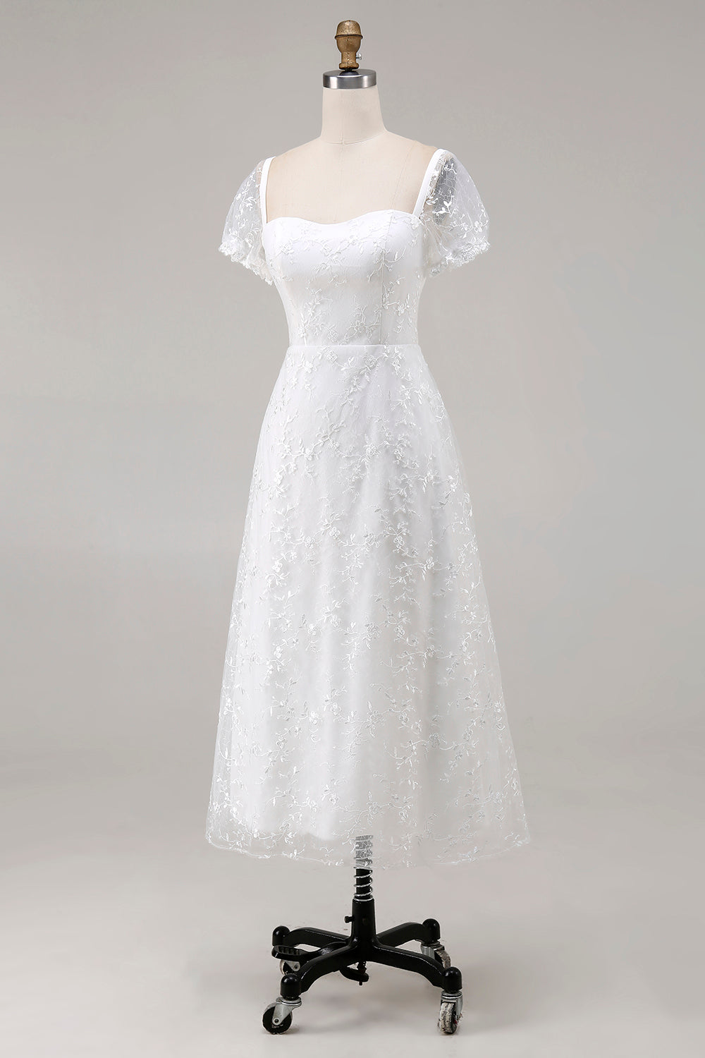 Ivory Lace Square Neck Midi Engagement Dress with Sleeves