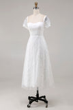 Ivory Lace Square Neck Midi Engagement Dress with Sleeves