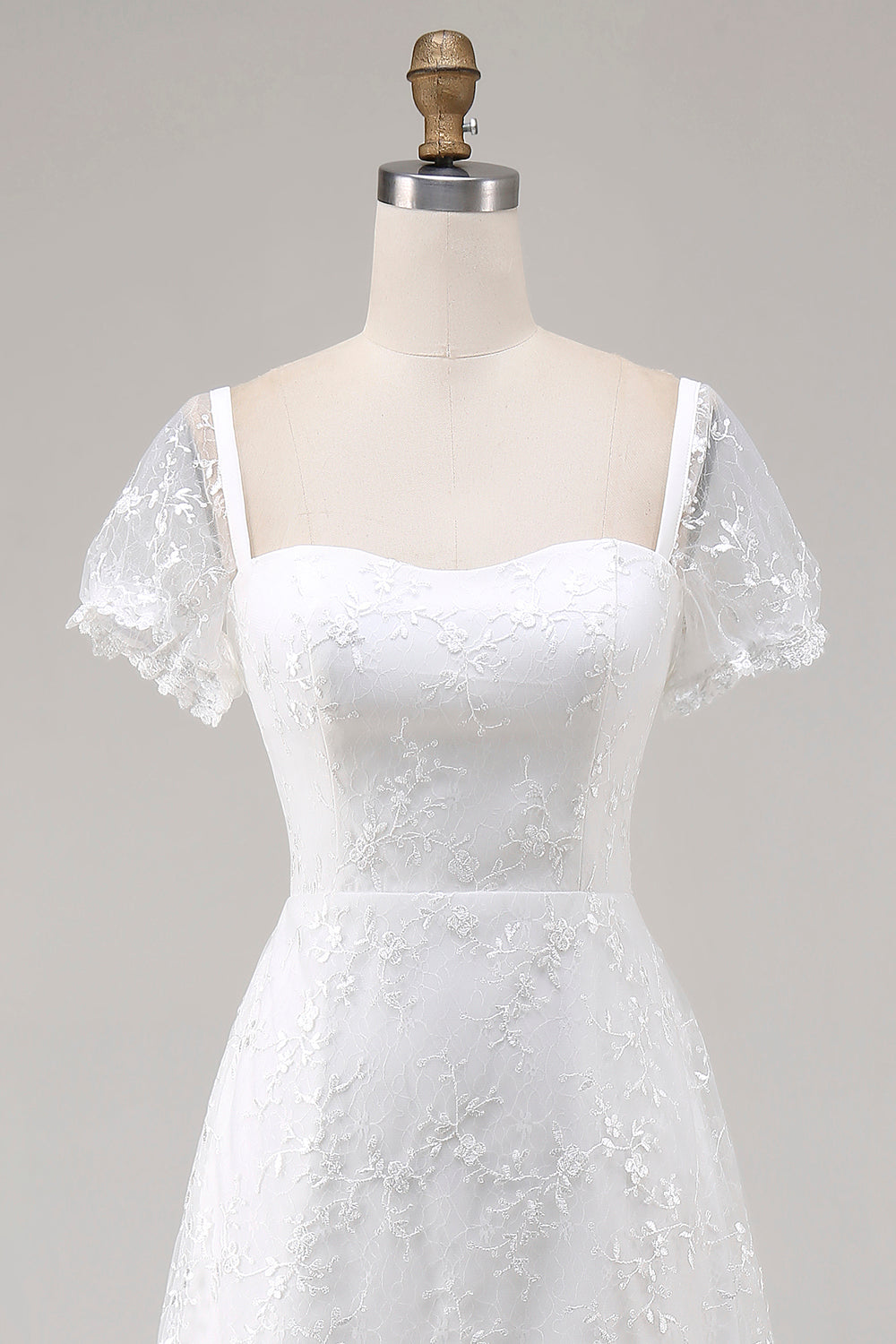 Ivory Lace Square Neck Midi Engagement Dress with Sleeves