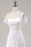Ivory Lace Square Neck Midi Engagement Dress with Sleeves