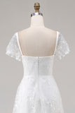 Ivory Lace Square Neck Midi Engagement Dress with Sleeves