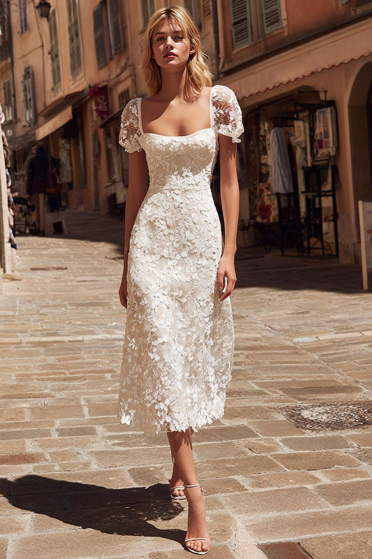 Ivory Lace Square Neck Midi Engagement Dress with Sleeves