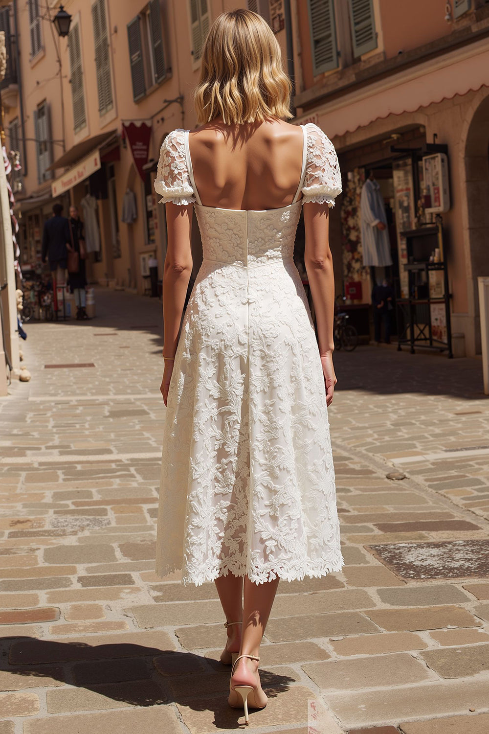 Zapakasa Women Ivory Lace Midi Engagement Dress with Sleeves Square
