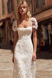Ivory Lace Square Neck Midi Engagement Dress with Sleeves
