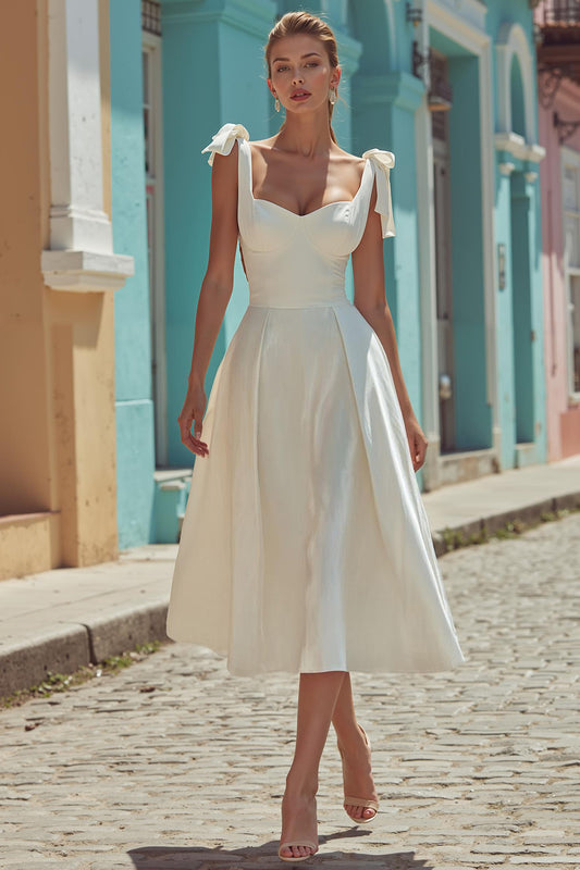 White Satin Thick Straps Backless Midi Engagement Dress with Bows