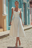 White Satin Thick Straps Backless Midi Engagement Dress with Bows