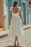 White Satin Thick Straps Backless Midi Engagement Dress with Bows