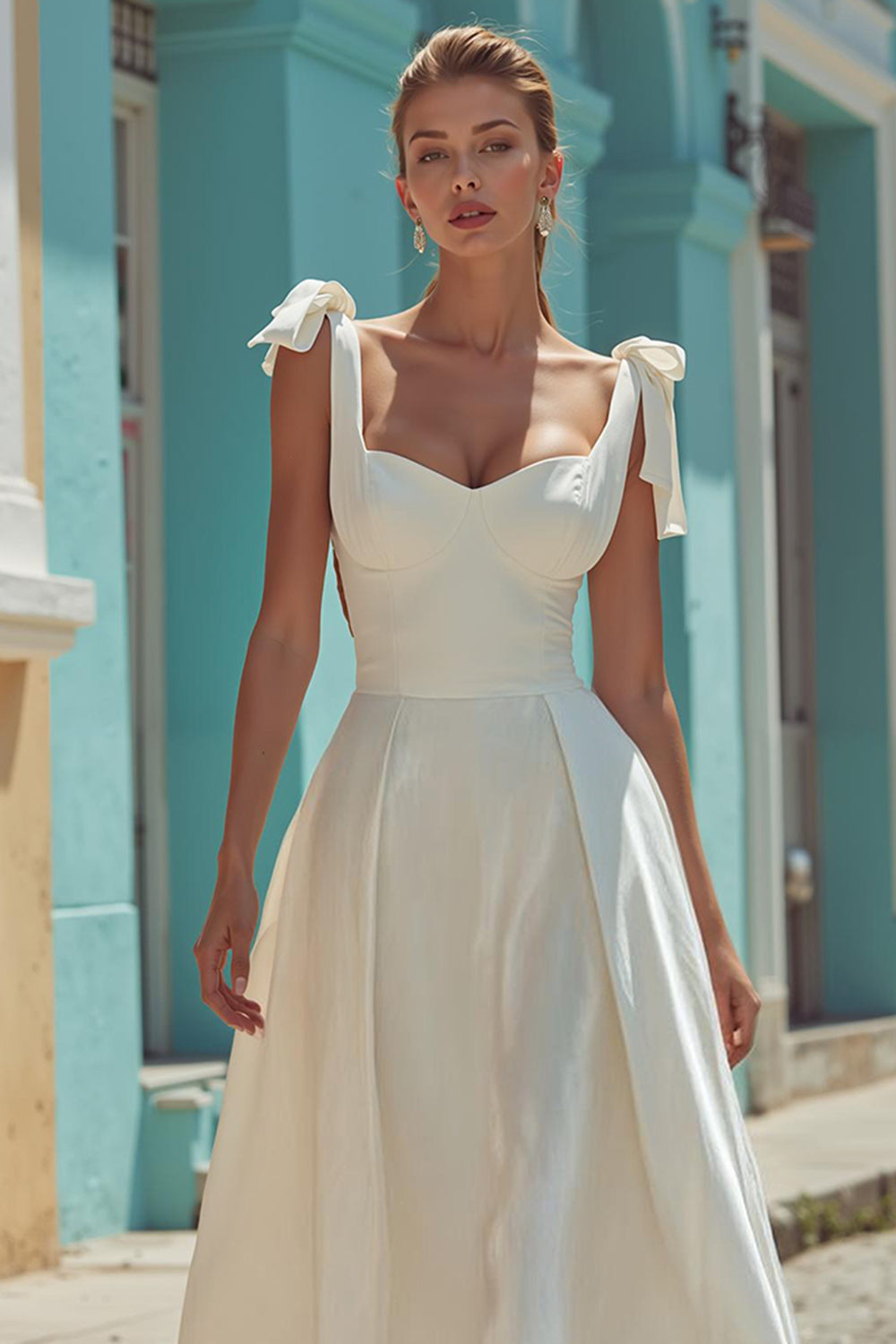 Zapaka Women White Midi Wedding Dress with Bow Spaghetti Straps A-Line Sleeveless Satin Bridal Dress, White / US10