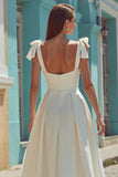 White Satin Thick Straps Backless Midi Engagement Dress with Bows