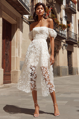 Ivory Lace A Line Off the Shoulder Midi Engagement Dress