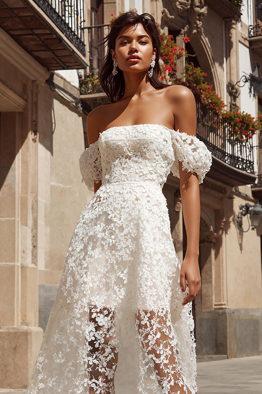 Ivory Lace A Line Off the Shoulder Midi Engagement Dress
