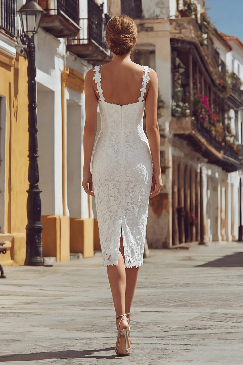 Zapakasa Women Ivory Lace Midi Engagement Dress Thick Straps Bodycon