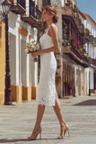 Ivory Lace Bodycon Thick Straps Midi Engagement Dress