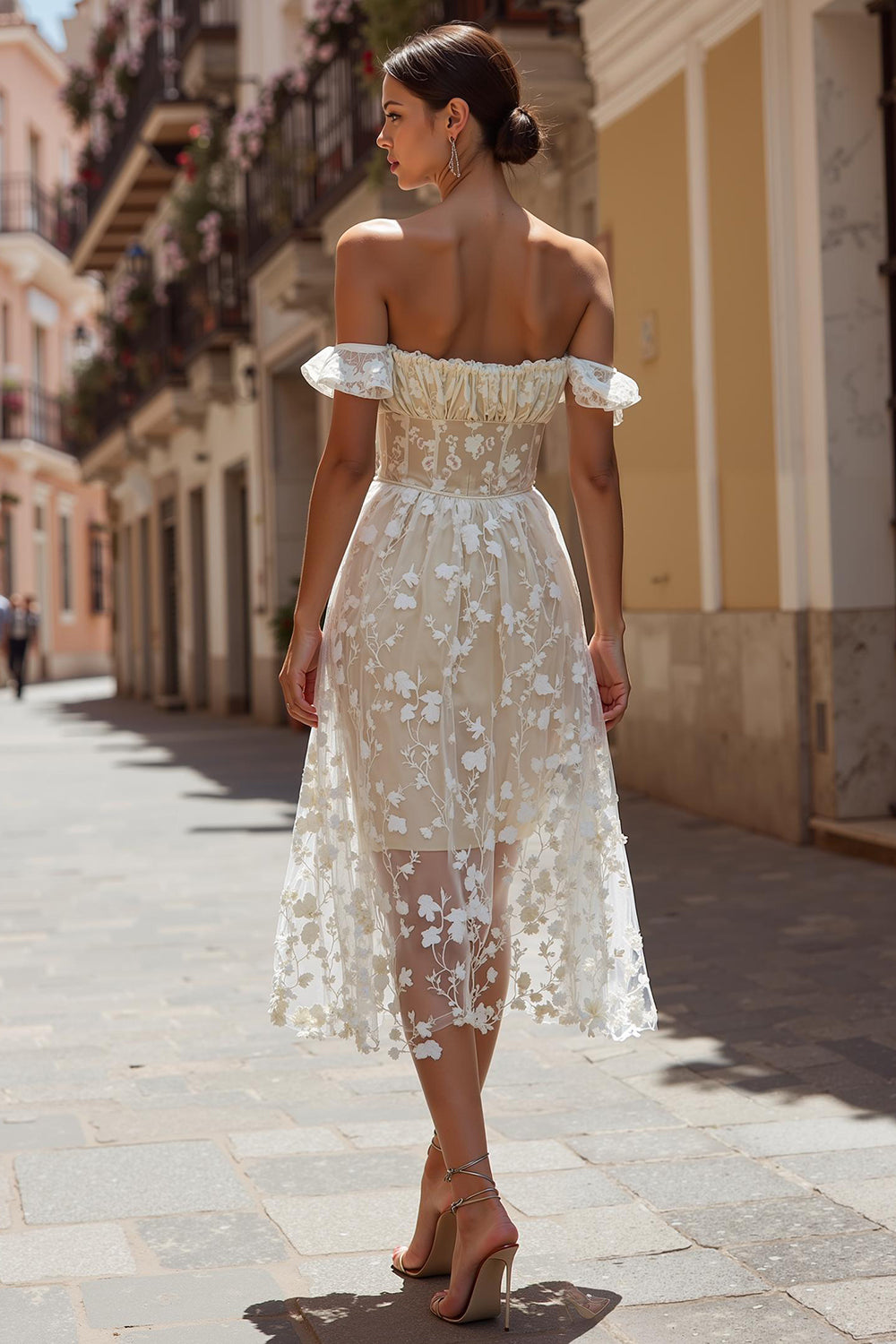 Ivory Floral Off the Shoulder Midi Wedding Dress