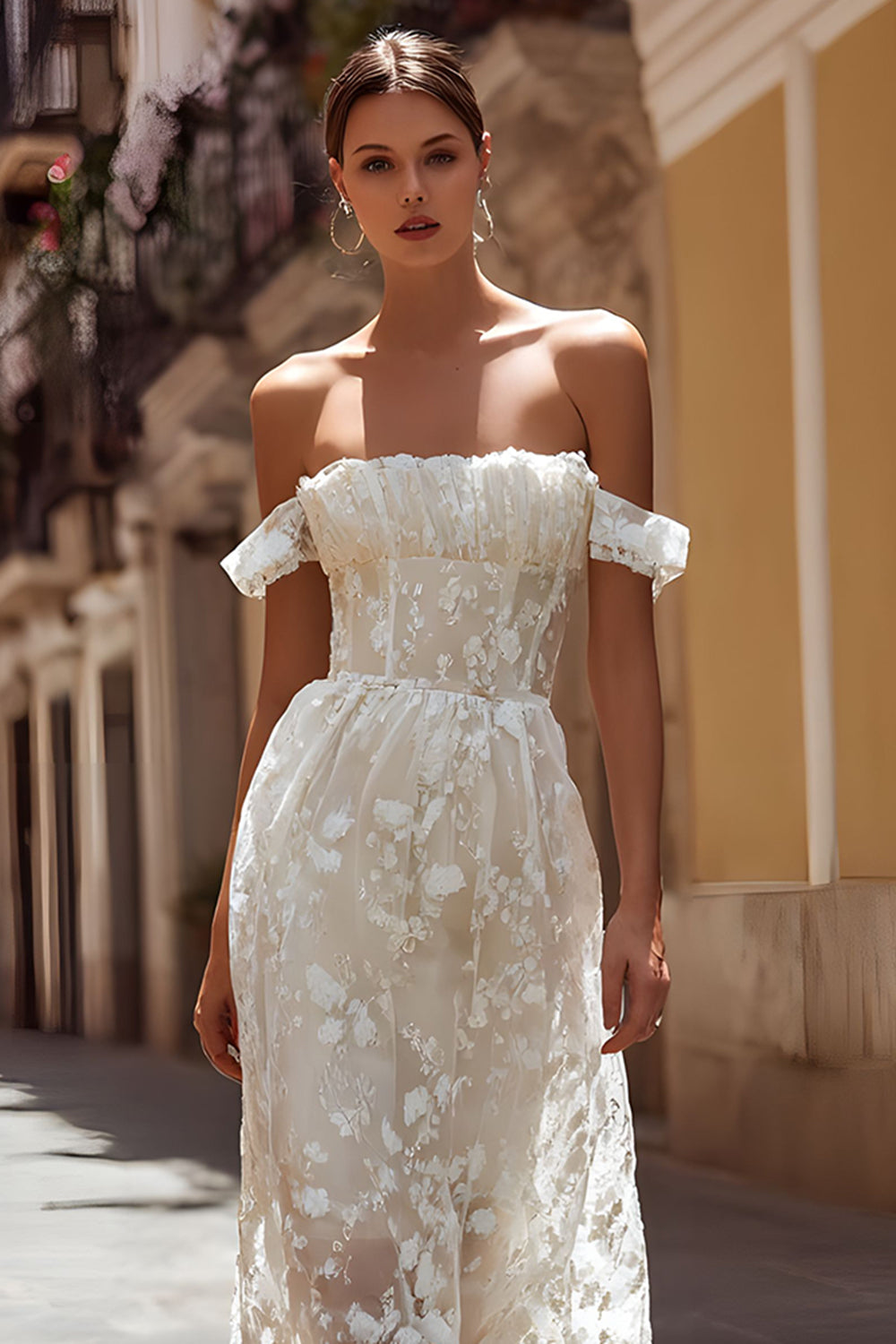 Ivory Floral Off the Shoulder Midi Wedding Dress