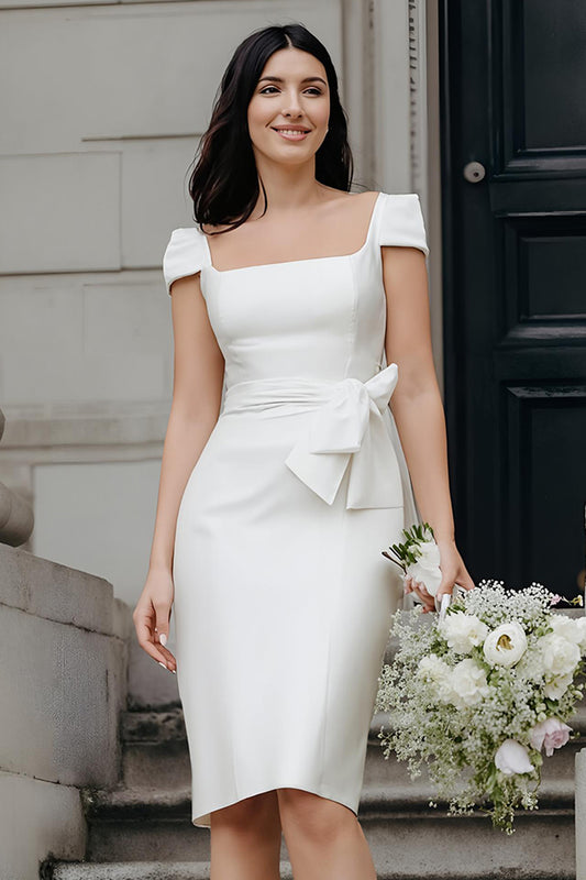 White Bodycon Square Neck Midi Wedding Dress with Bow