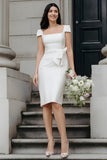 White Bodycon Midi Wedding Dress with Bow Square Neck Rehearsal Dinner Dress