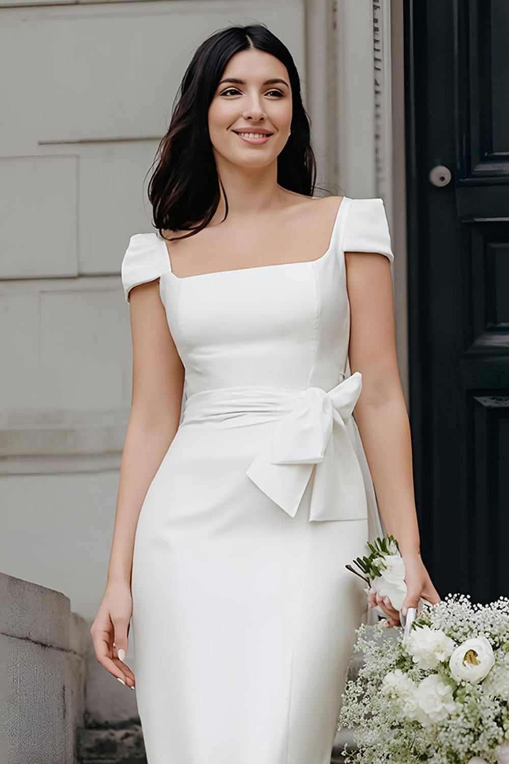 Zapaka Women Ivory Bodycon Midi Bridal Dress Satin Square Neck Rehearsal Dinner Dress with Bow, White / US18W
