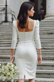 White Bodycon Square Neck Midi Wedding Dress with Bow