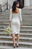 White Bodycon Square Neck Midi Wedding Dress with Bow
