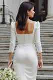 White Bodycon Square Neck Midi Wedding Dress with Bow