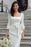 White Bodycon Square Neck Midi Wedding Dress with Bow