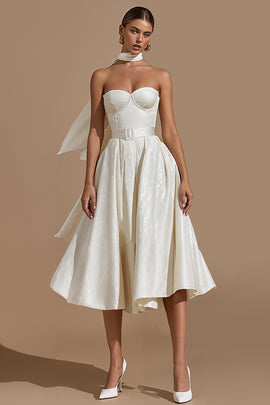 White Sweetheart A Line Midi Engagement Dress with Belt