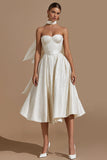 White Sweetheart A Line Midi Engagement Dress with Belt