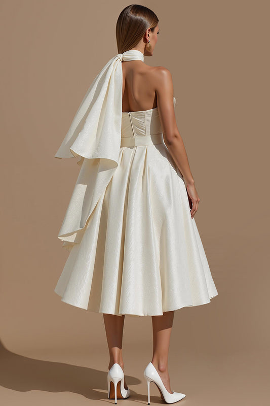 White Sweetheart A Line Midi Engagement Dress with Belt