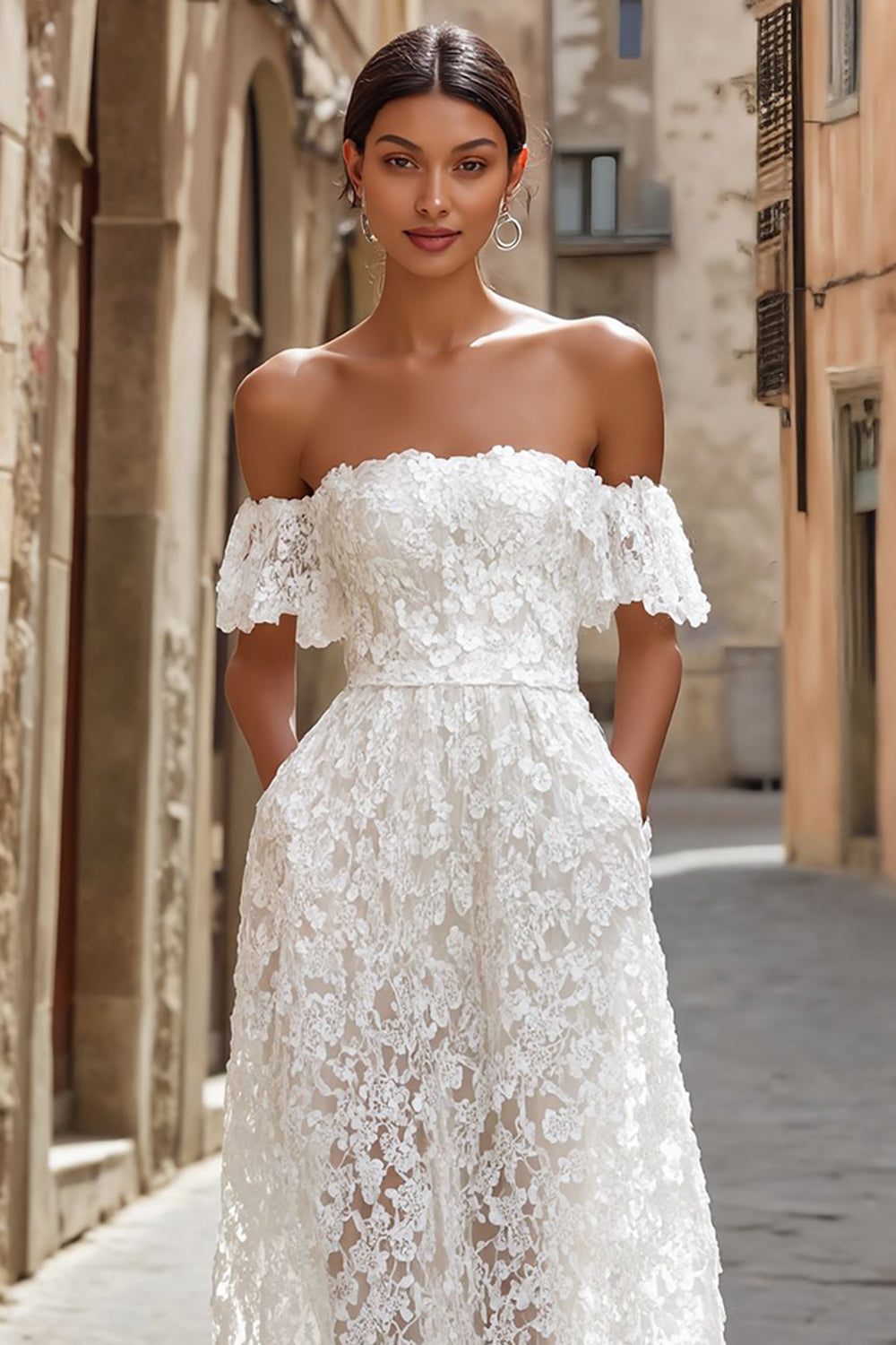 Zapakasa Women White Lace Midi Engagement Dress with Pockets A Line Off