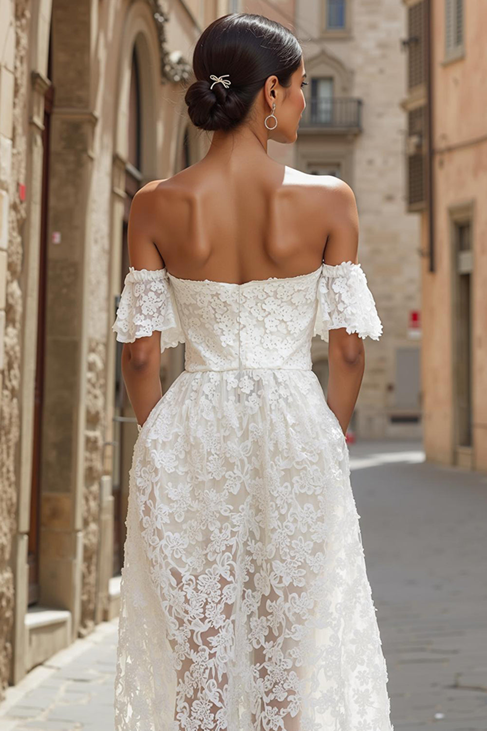 White Lace Off the Shoulder Midi Engagement Dress with Pockets