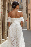 White Lace Off the Shoulder Midi Engagement Dress with Pockets