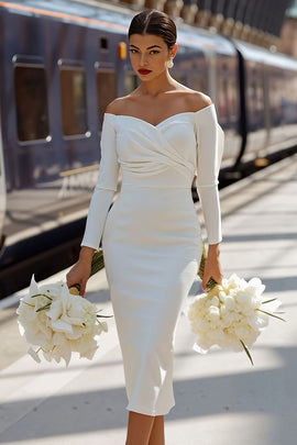 White Off the Shoulder Bodycon Ruched Midi Engagement Dress with Bow