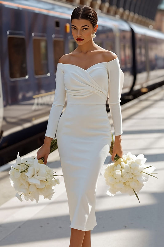 White Off the Shoulder Bodycon Ruched Midi Engagement Dress with Bow