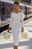 White Off the Shoulder Bodycon Ruched Midi Engagement Dress with Bow
