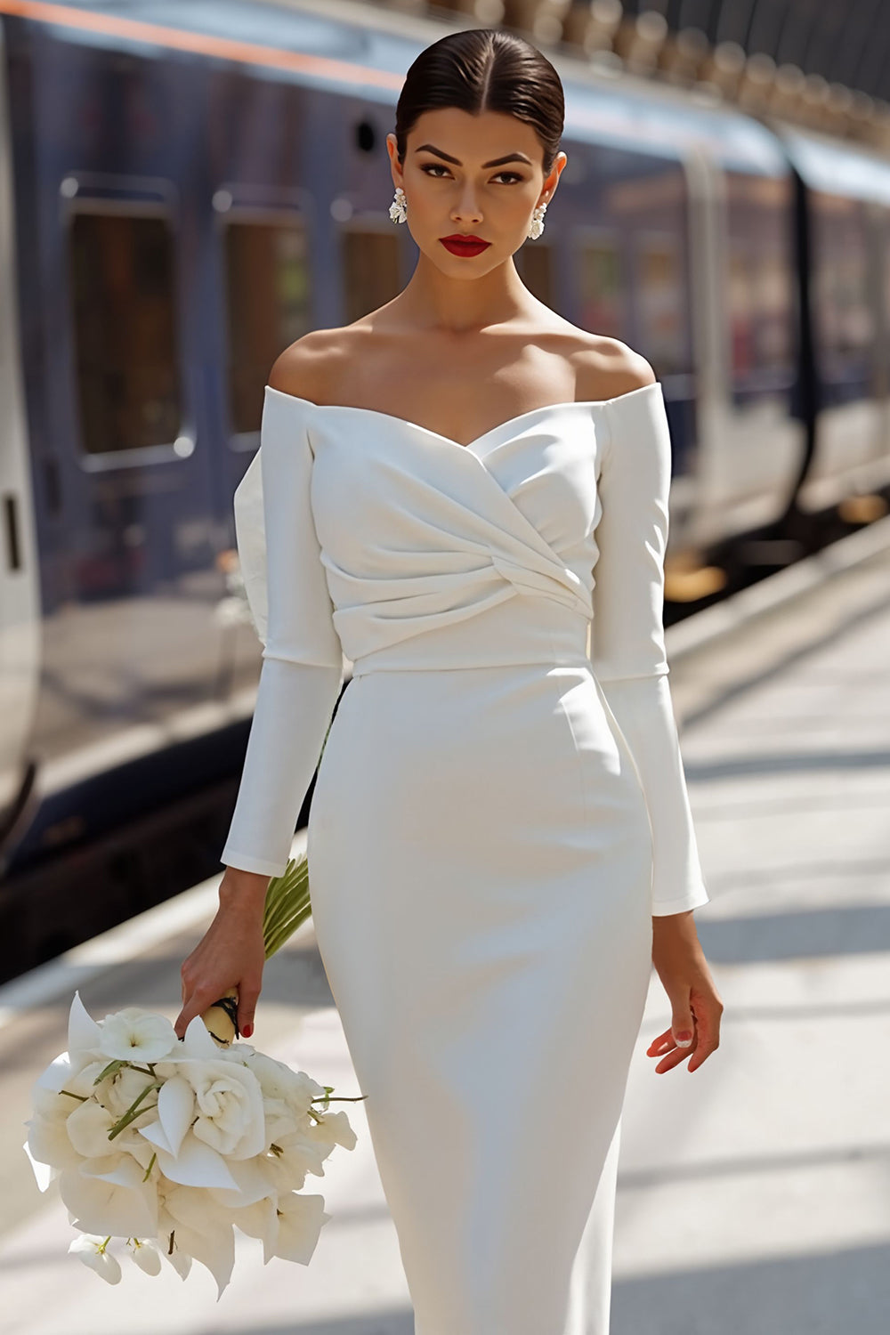 White Off the Shoulder Bodycon Ruched Midi Engagement Dress with Bow