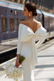 White Off the Shoulder Bodycon Ruched Midi Engagement Dress with Bow