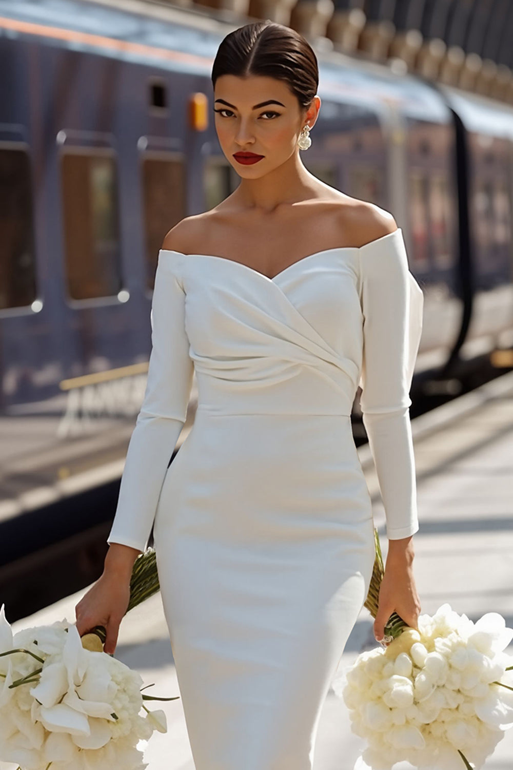 White Off the Shoulder Bodycon Ruched Midi Engagement Dress with Bow