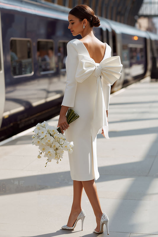 White Round Neck Bodycon Midi Engagement Dress with Bow