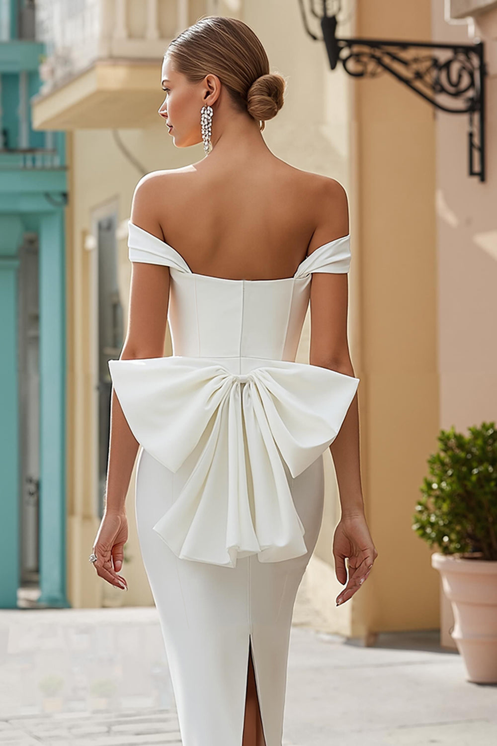 White Bodycon Off the Shoulder Midi Engagement Dress with Bow