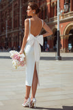 White V Neck Bodycon Backless Midi Engagement Dress with Bow