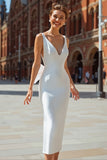 White V Neck Bodycon Backless Midi Engagement Dress with Bow