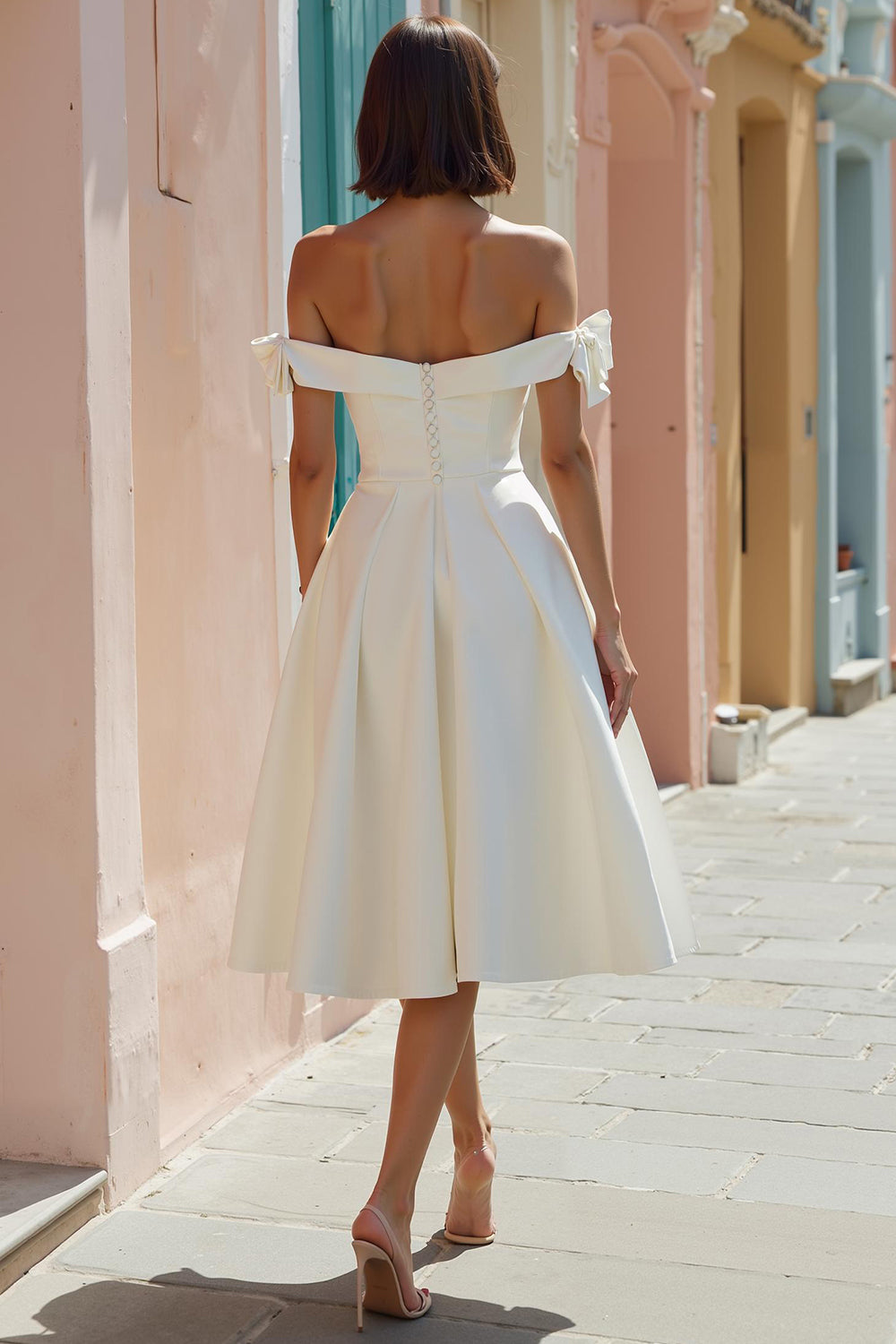 White A Line Off the Shoulder Midi Engagement Dress with Bows