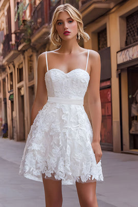 Zapakasa Women White Sweetheart Short Bachelorette Dress Lace A Line Spaghetti Straps Boho Wedding Dress