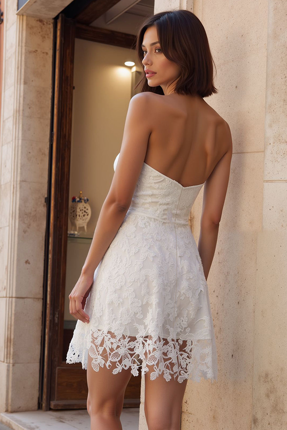 White Strapless A Line Lace Short Bachelorette Dress