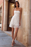 White Strapless A Line Lace Short Bachelorette Dress