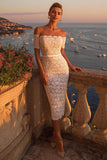Ivory Lace Bodycon Off the Shoulder Midi Boho Engagement Dress