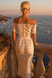 Ivory Lace Bodycon Off the Shoulder Midi Boho Engagement Dress