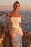 Ivory Lace Bodycon Off the Shoulder Midi Boho Engagement Dress