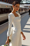 White Bodycon Square Neck Ruffled Midi Wedding Dress with Bow